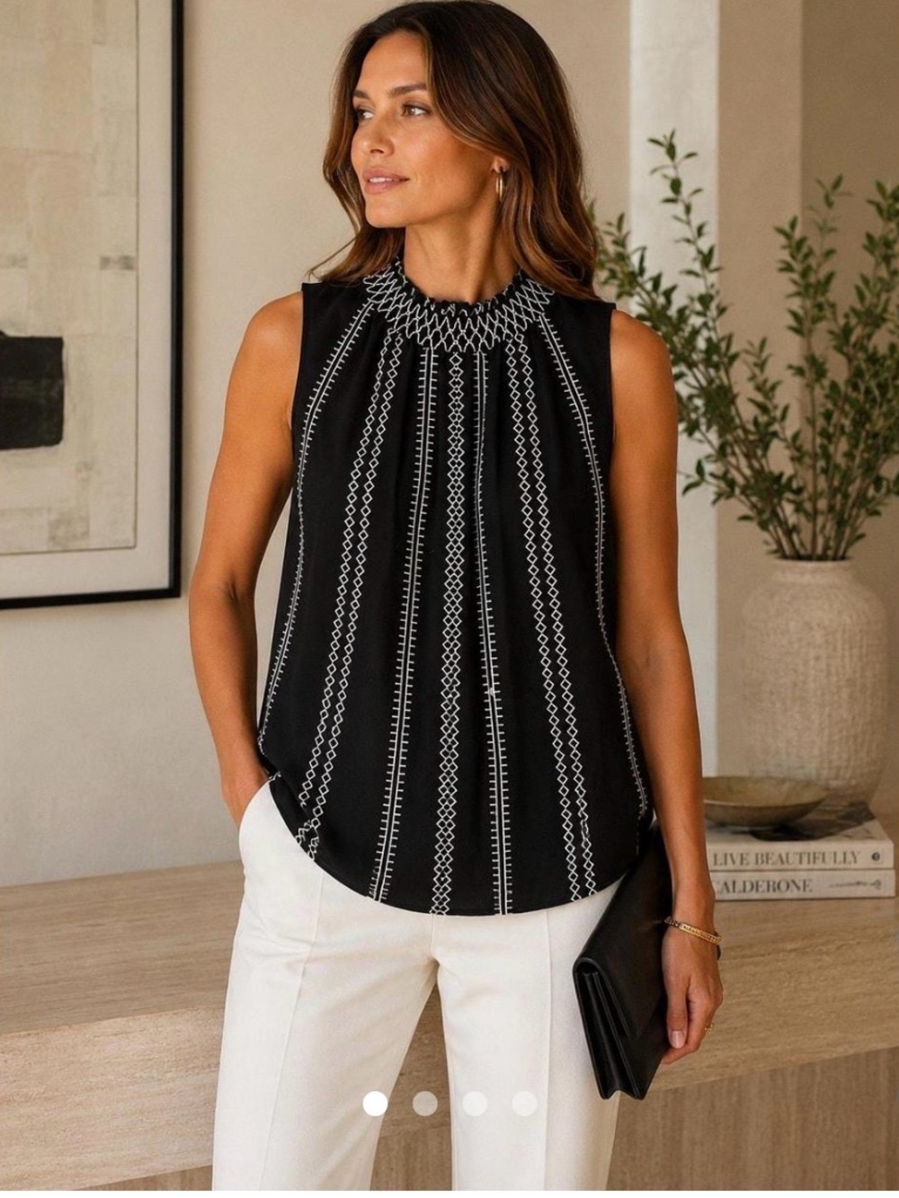 White House Black Market Black Sleeveless Top with White Embroidery